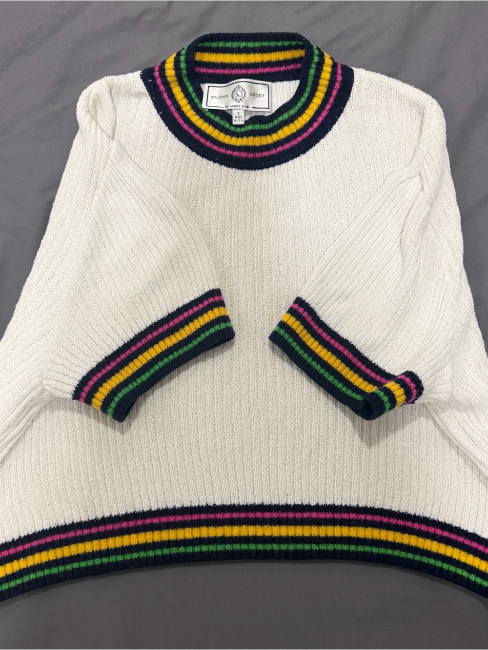 Vintage St. John Sport Marie Gray Short Sleeve Knit Sweater Top Striped Trim S